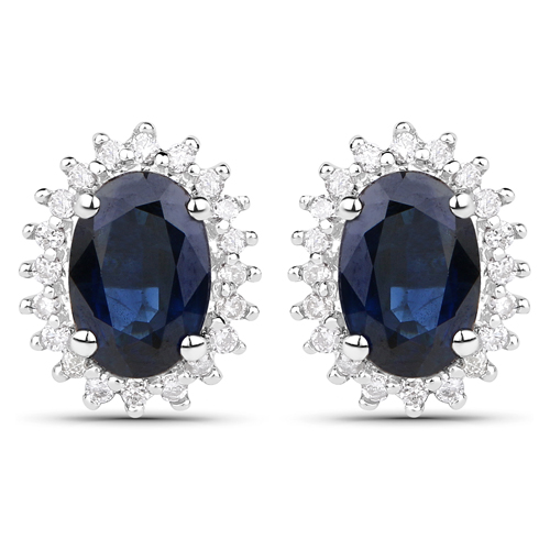 Earrings-1.08 Carat Genuine Blue Sapphire and White Diamond 18K White Gold Earrings