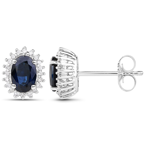 1.08 Carat Genuine Blue Sapphire and White Diamond 18K White Gold Earrings