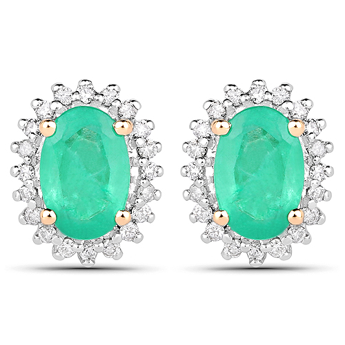 Emerald-0.92 Carat Genuine Zambian Emerald and White Diamond 14K Yellow Gold Earrings