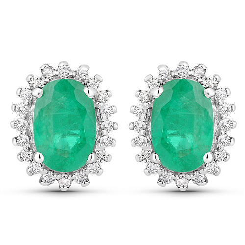 Emerald-18K White Gold 1.00 Carat Genuine Zambian Emerald and White Diamond Earrings
