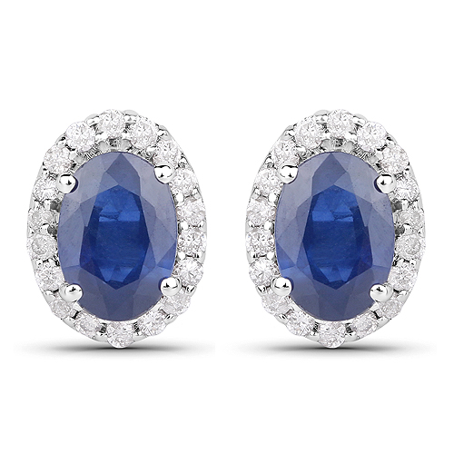 Earrings-1.29 Carat Genuine Blue Sapphire and White Diamond 14K White Gold Earrings