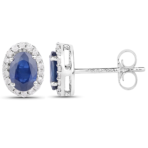 1.29 Carat Genuine Blue Sapphire and White Diamond 14K White Gold Earrings