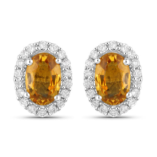 Earrings-1.66 Carat Genuine Orange Sapphire and White Diamond 14K White Gold Earrings