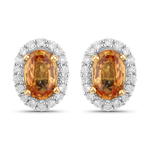 Earrings-1.66 Carat Genuine Orange Sapphire and White Diamond 14K Yellow Gold Earrings