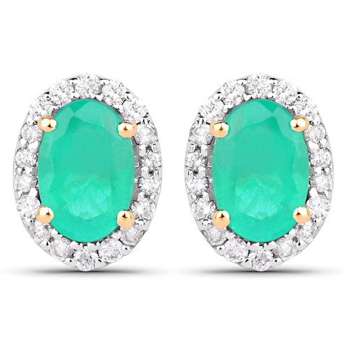 Emerald-0.99 Carat Genuine Zambian Emerald and White Diamond 14K Yellow Gold Earrings