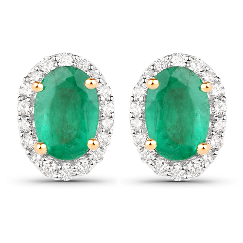 Emerald-1.07 Carat Genuine Zambian Emerald and White Diamond 18K Yellow Gold Earrings