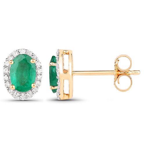 1.07 Carat Genuine Zambian Emerald and White Diamond 18K Yellow Gold Earrings