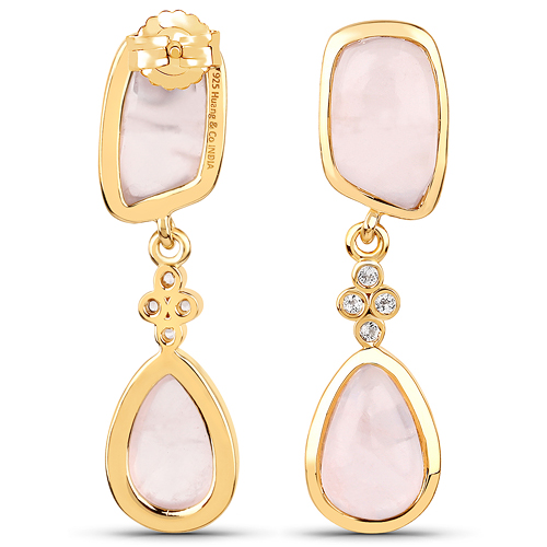 18K Yellow Gold Plated 13.02 Carat Genuine Rose Quartz and White Topaz .925 Sterling Silver Earrings