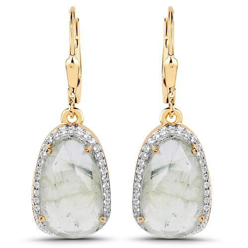 Earrings-18K Yellow Gold Plated 9.27 Carat Genuine Prehnite and White Topaz .925 Sterling Silver Earrings