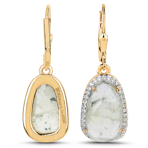 18K Yellow Gold Plated 9.27 Carat Genuine Prehnite and White Topaz .925 Sterling Silver Earrings
