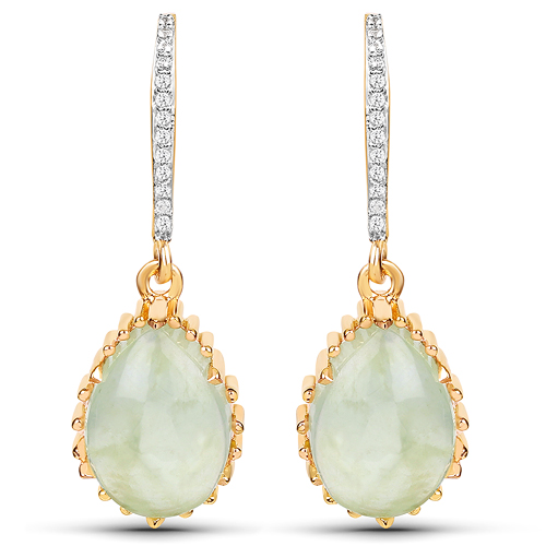 Earrings-18K Yellow Gold Plated 9.81 Carat Genuine Prehnite and White Topaz .925 Sterling Silver Earrings