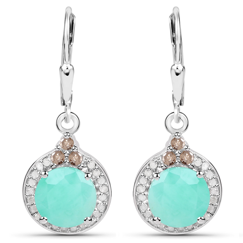 Emerald-4.61 Carat Genuine Emerald, Champagne Diamond and White Diamond .925 Sterling Silver Earrings