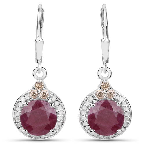 Earrings-5.61 Carat Genuine Ruby, Champagne Diamond and White Diamond .925 Sterling Silver Earrings