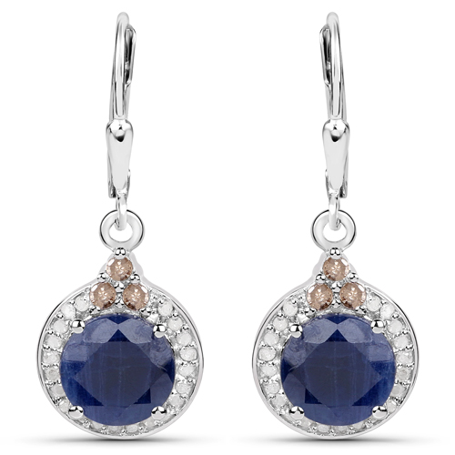 Earrings-5.61 Carat Genuine Blue Sapphire, Champagne Diamond and White Diamond .925 Sterling Silver Earrings