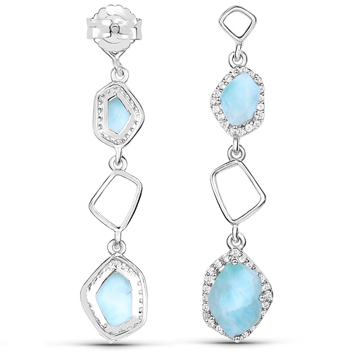 2.09 Carat Genuine Larimar and White Topaz .925 Sterling Silver Earrings