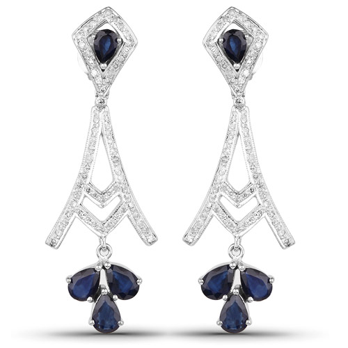 Earrings-6.18 Carat Genuine Black Sapphire and White Diamond .925 Sterling Silver Earrings