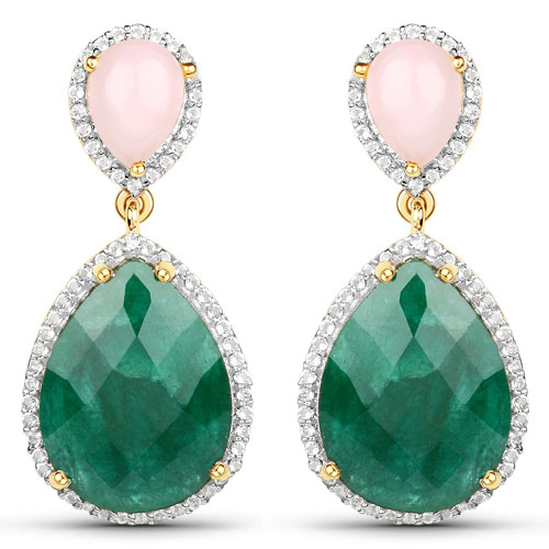 Bracelets-18K Yellow Gold Plated 15.84 Carat Genuine Emerald, Pink Opal and White Topaz .925 Sterling Silver Earrings