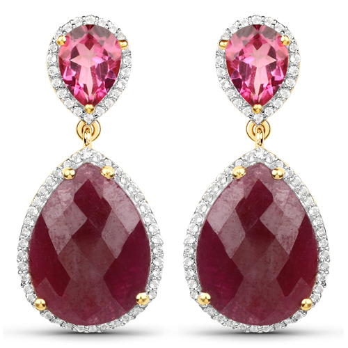 Earrings-18K Yellow Gold Plated 19.34 Carat Genuine Ruby, Pink Topaz and White Topaz .925 Sterling Silver Earrings