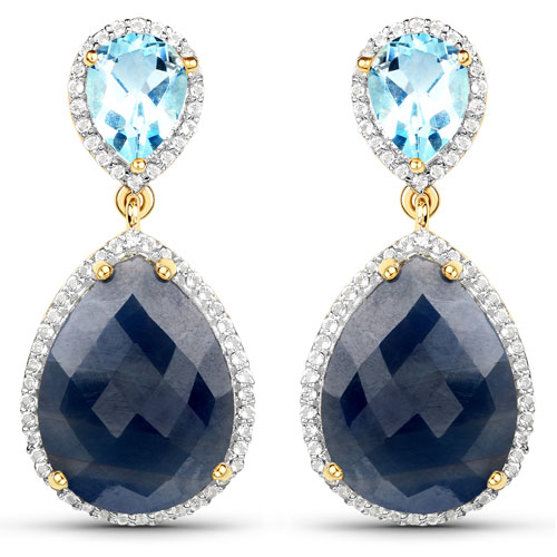 Earrings-18K Yellow Gold Plated 19.34 Carat Genuine Blue Sapphire, Blue Topaz and White Topaz .925 Sterling Silver Earrings