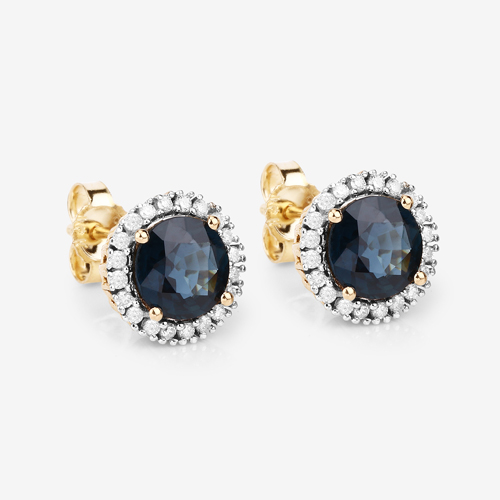 2.18 Carat Genuine Blue Sapphire and White Diamond 14K Yellow Gold Earrings