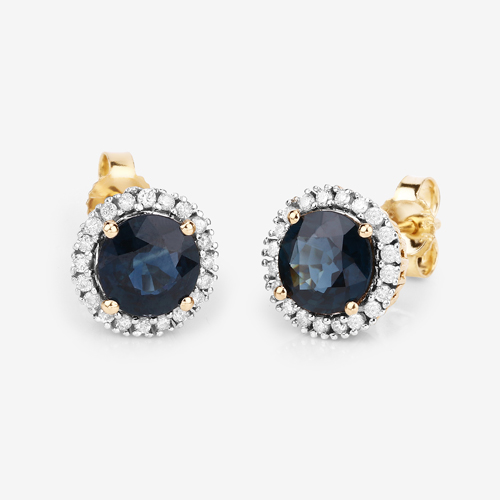 2.18 Carat Genuine Blue Sapphire and White Diamond 14K Yellow Gold Earrings