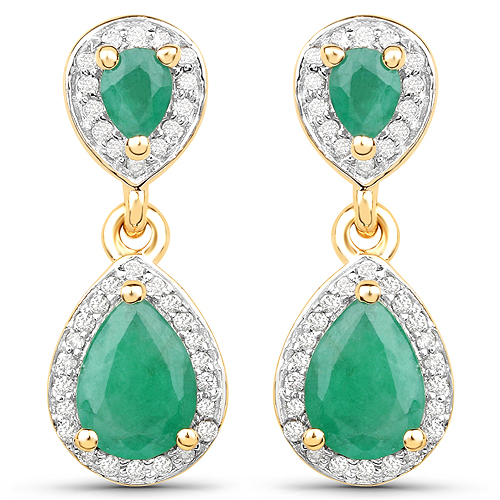 Emerald-1.74 Carat Genuine Emerald and White Diamond 14K Yellow Gold Earrings