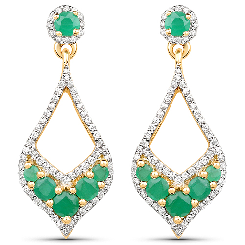 Emerald-1.06 Carat Genuine Emerald and White Diamond 14K Yellow Gold Earrings