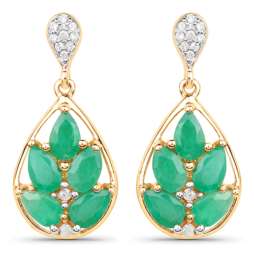Emerald-2.43 Carat Genuine Emerald and White Diamond 14K Yellow Gold Earrings