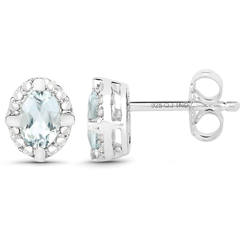 0.94 Carat Genuine Aquamarine and White Zircon .925 Sterling Silver Earrings