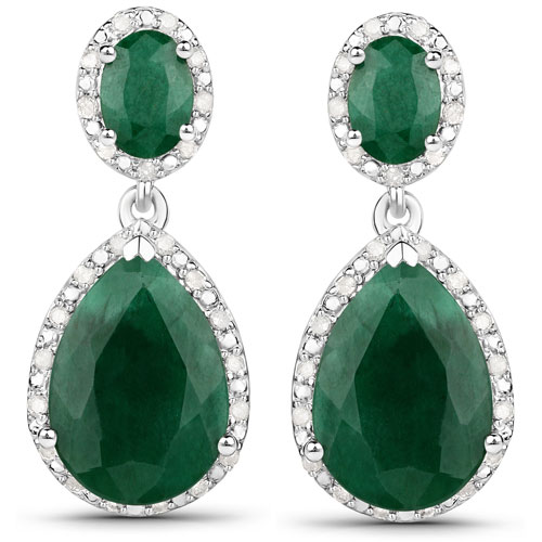 Emerald-11.50 Carat Dyed Emerald and White Diamond .925 Sterling Silver Earrings