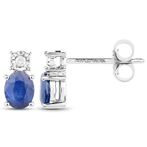 0.71 Carat Genuine Blue Sapphire and White Diamond 14K White Gold Earrings
