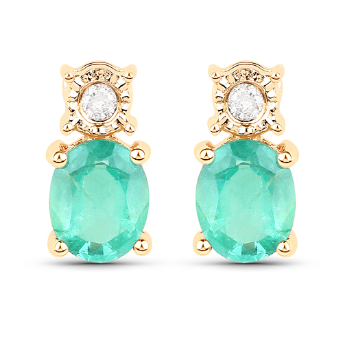 Emerald-0.63 Carat Genuine Zambian Emerald and White Diamond 14K Yellow Gold Earrings
