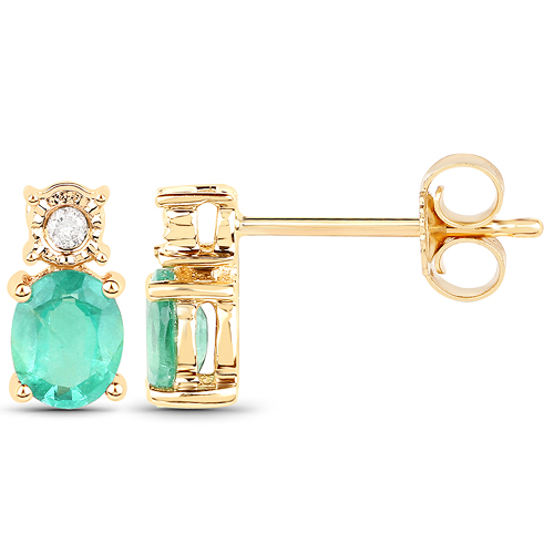 0.63 Carat Genuine Zambian Emerald and White Diamond 14K Yellow Gold Earrings