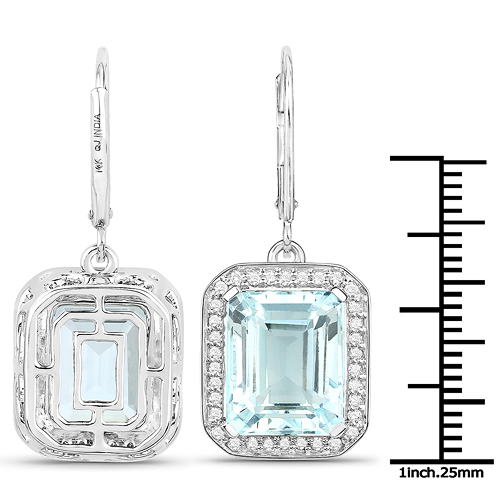 10.81 Carat Genuine Aquamarine and White Diamond 14K White Gold Earrings