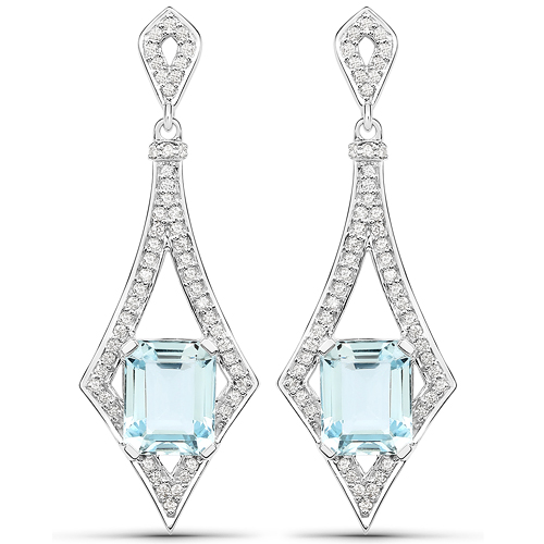 5.67 Carat Genuine Aquamarine and White Diamond 14K White Gold Earrings