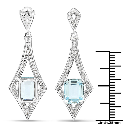 5.67 Carat Genuine Aquamarine and White Diamond 14K White Gold Earrings