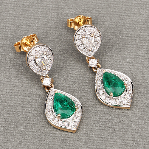2.24 Carat Genuine Zambian Emerald and White Diamond 14K Yellow Gold Earrings