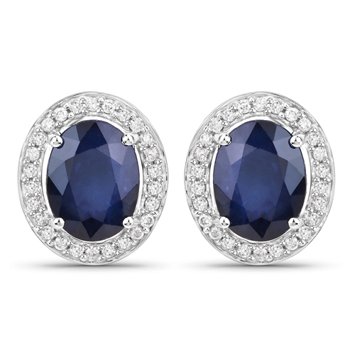 Earrings-4.14 Carat Genuine Blue Sapphire and White Diamond 14K White Gold Earrings