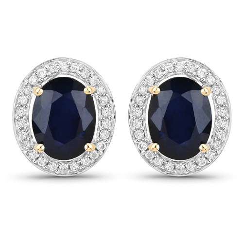 Earrings-4.14 Carat Genuine Blue Sapphire and White Diamond 14K Yellow Gold Earrings