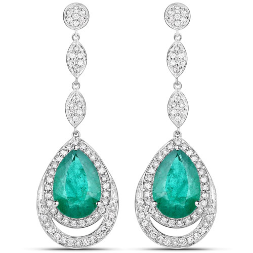 Emerald-9.85 Carat Genuine Zambian Emerald and White Diamond 18K White Gold Earrings