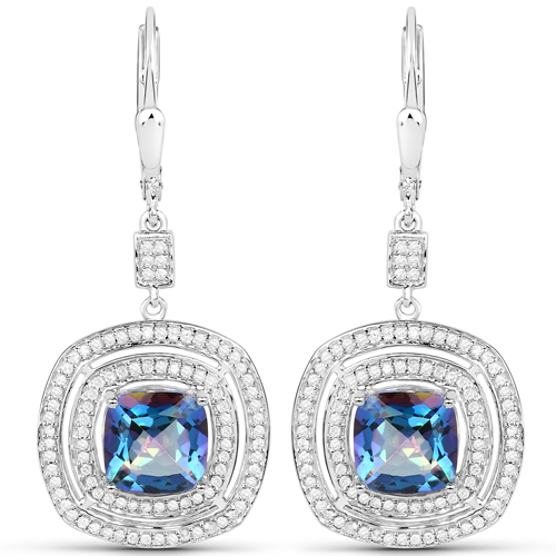 Earrings-4.66 Carat Genuine Blue Rainbow Quartz and White Diamond .925 Sterling Silver Earrings