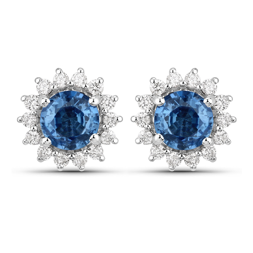 Earrings-1.58 Carat Genuine Blue Sapphire and White Diamond 14K White Gold Earrings