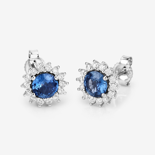 1.58 Carat Genuine Blue Sapphire and White Diamond 14K White Gold Earrings