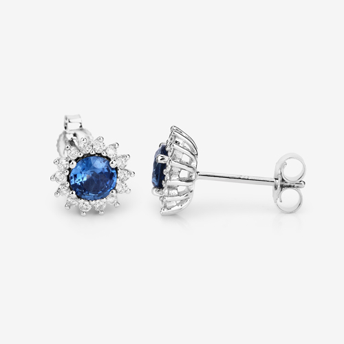 1.58 Carat Genuine Blue Sapphire and White Diamond 14K White Gold Earrings