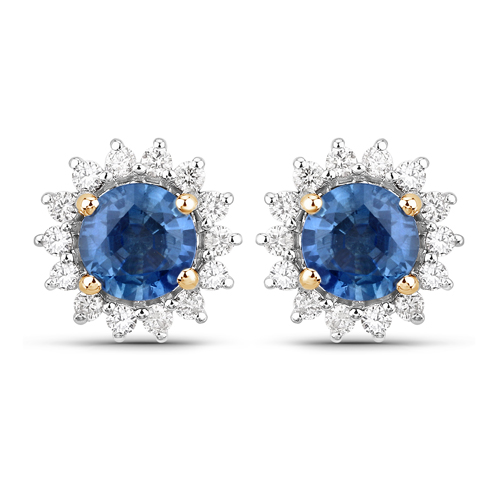 Earrings-1.58 Carat Genuine Blue Sapphire and White Diamond 14K Yellow Gold Earrings