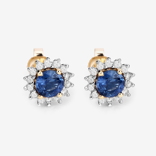 1.58 Carat Genuine Blue Sapphire and White Diamond 14K Yellow Gold Earrings