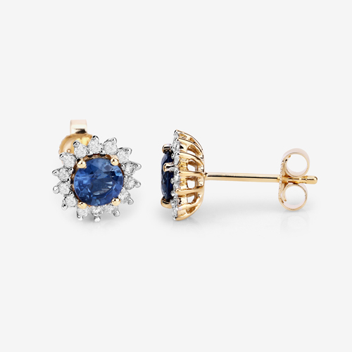 1.58 Carat Genuine Blue Sapphire and White Diamond 14K Yellow Gold Earrings