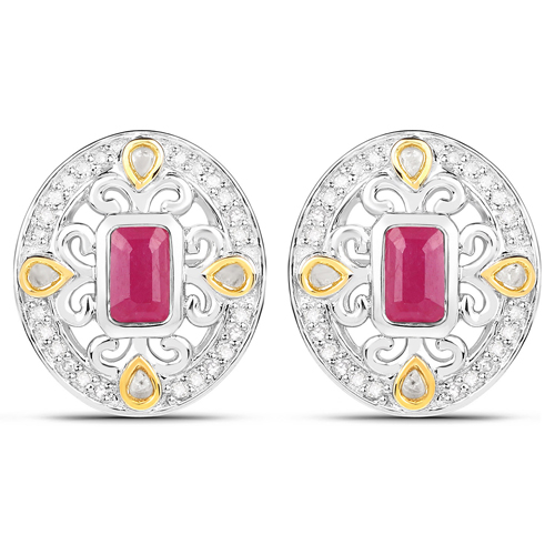 Earrings-0.77 Carat Genuine Ruby and White Diamond .925 Sterling Silver Earrings