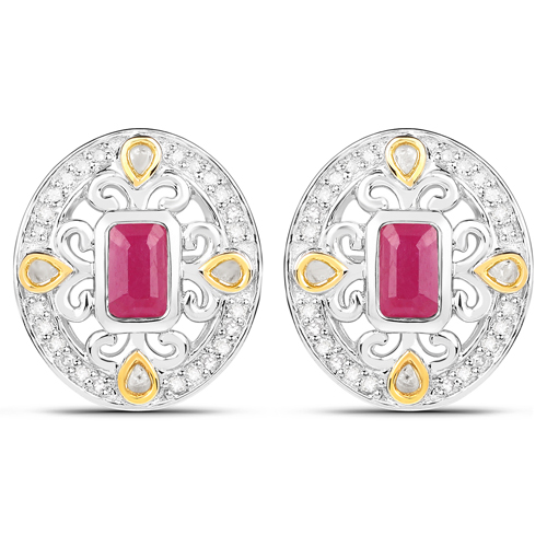 0.77 Carat Genuine Ruby and White Diamond .925 Sterling Silver Earrings