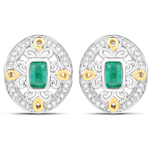 Emerald-0.69 Carat Genuine Zambian Emerald and White Diamond .925 Sterling Silver Earrings